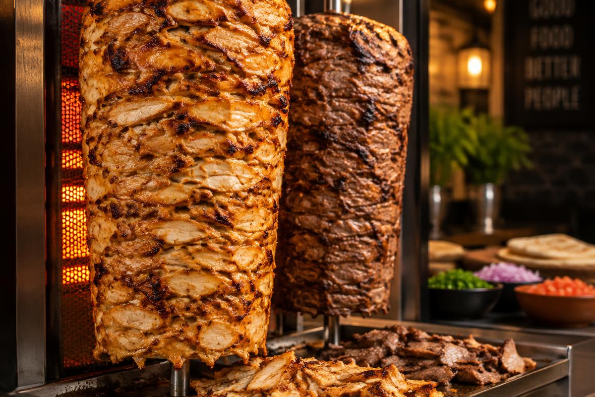 Fresh shawarma meat on a vertical rotisserie